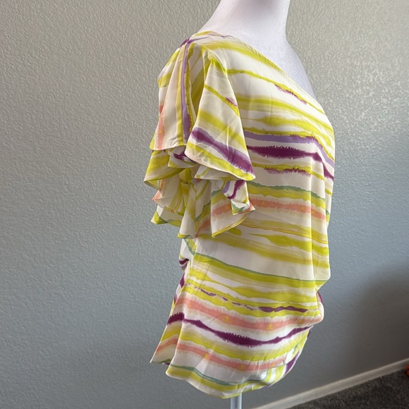 Jennifer Lopez Yellow Pink Asymmetrical one shoulder Ruched Blouse XL - Picture 3 of 5